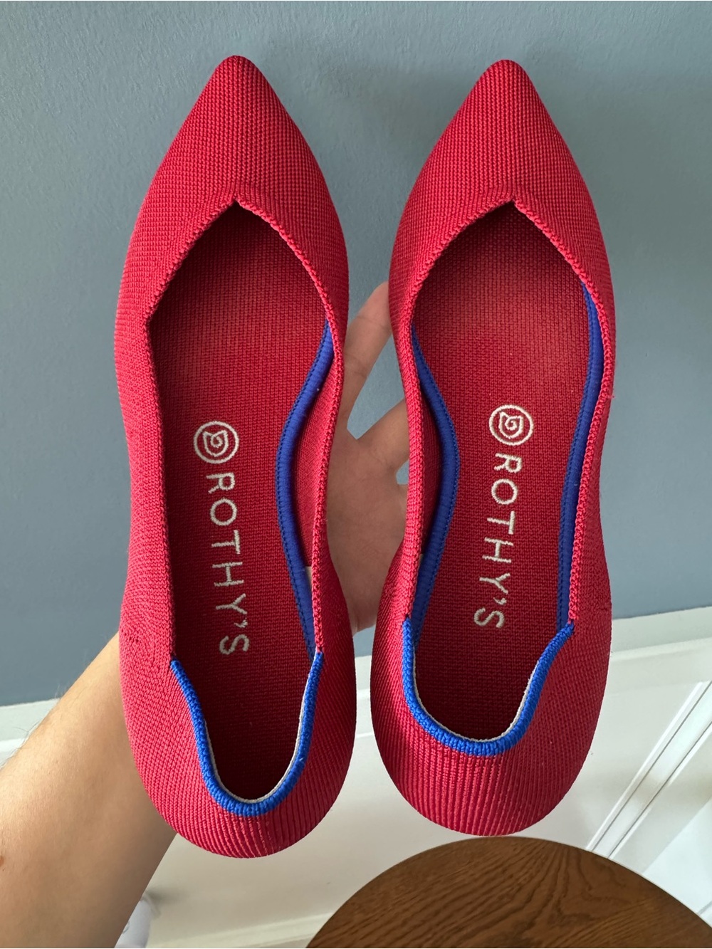 Rothy's Women's Pointed Red Knit Flats with Blue Trim
